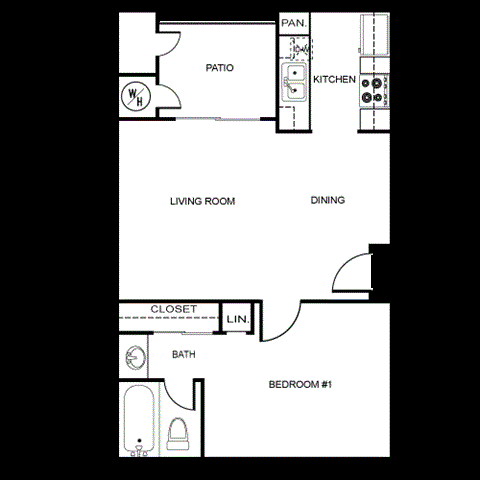 Floor plan for 1 bed, 1 bath, 588 sqft